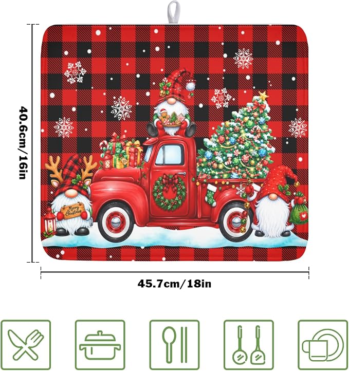 Christmas Dish Drying Mat for Kitchen Counter Xmas Gnome Truck Red Black Buffalo Plaid Dish Drainer Mat Rustic Farmhouse Holiday Absorbent Washable Drying Pad 16"x18"