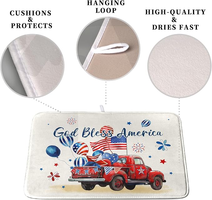 4th of July Drying Mat for Kitchen Counter 18 x 24 Inch US Independence Day Patriotic Truck Dish Drying Mat Polyester American Flag Dish Drainer Mat Super Absorbent Dish Rack Pad for Coffee Bar Sinks