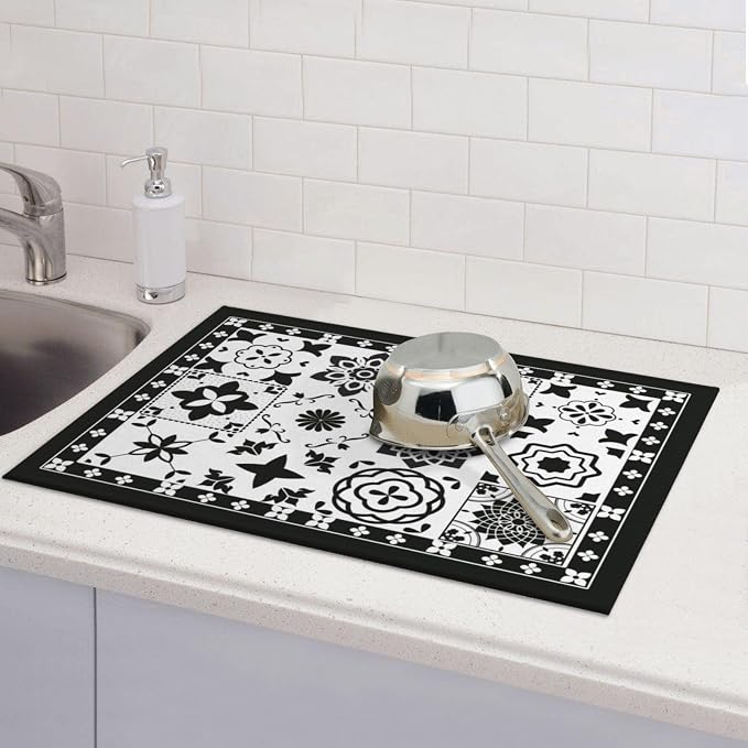 Retro Black Pattern Dish Drying Mat For Kitchen Counter, Super Absorbent Microfiber Dish Drying Pad, Kitchen Gadgets For Easy Clean Multi-Use Large 18"x24"