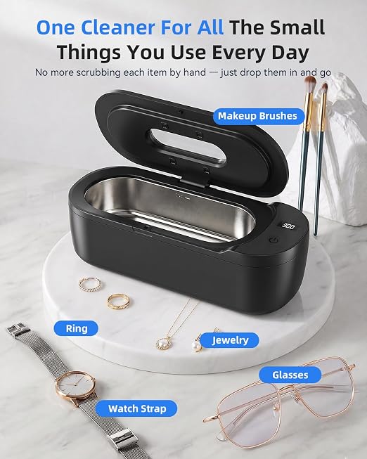 KUNPHY Ultrasonic Jewelry Cleaner, 400ml Sonic Cleaner for Rings, Glasses | 4 LED Light & Display, 48kHz Ultrasonic Cleaner, 400ml 304 Tank, Quiet 45dB, Dual 5/10min Timers, Overheat Protection, Black