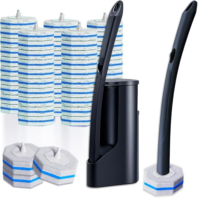 Disposable Toilet Brush with 50 Cleaner Refills Pads，Wall Mounted Toilet Bowl Holder Set，Toilet Cleaning System Starter Kit，Bathroom Cleaning System for Sink Bathtub Wash Basin