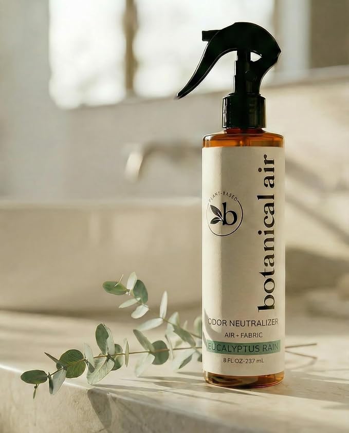 Plant-Based Odor Eliminator Spray – Natural Essential Oil Air Freshener for Home, Bathroom, Fabrics & Pet Areas – 8 oz (Eucalyptus Rain)
