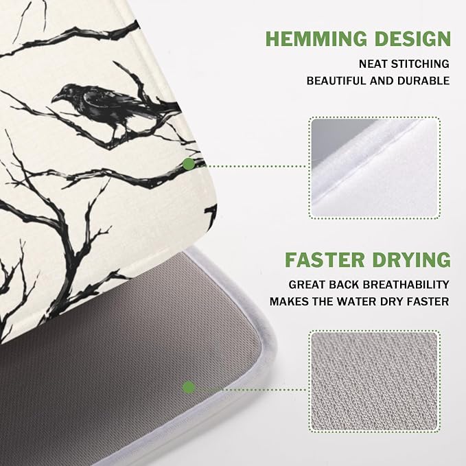 Halloween Crows Dish Drying Mat for Kitchen Counter Vintage Spooky Black Tree Branches Raven Pattern Microfiber Dish Drainer Mat Rustic Absorbent Washable Drying Pad 16"x18"