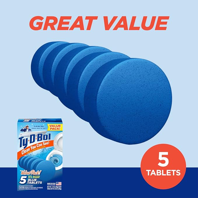 Ty-D-Bol Toilet Bowl Cleaner Tablets, Bleach-Free, 5 Pack | Automatic Drop-In, Removes Hard Water Stains, Removes Limescale, Removes Mineral Buildup