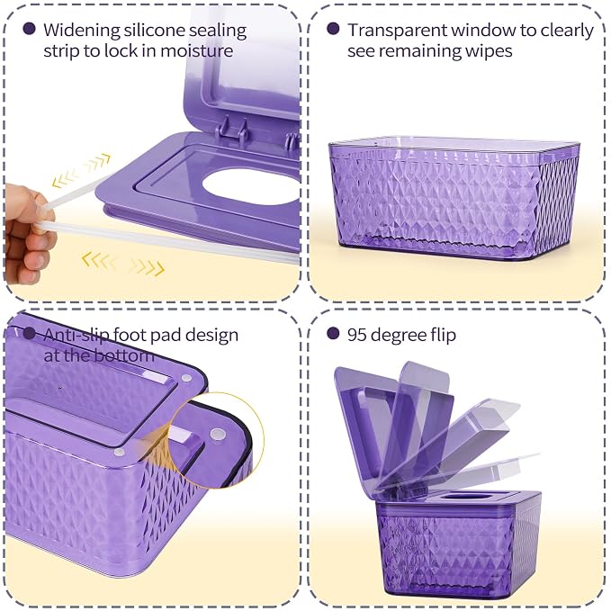 Wipes Dispenser, One-Handed Operation Wipe Holder for Baby & Adult, Seal-Designed Wipes Container for Bathroom Keep Diaper Wipes Fresh (Purple)