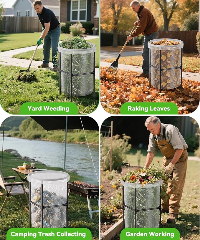 Garden Trash Bag Holder – 30-55 Gallon Outdoor Waste Bag Stand, M | Metal Frame Lawn Leaf Bag Holders with Adjustable Feet, Detachable Legs for Leaves, Yard Waste, Camping