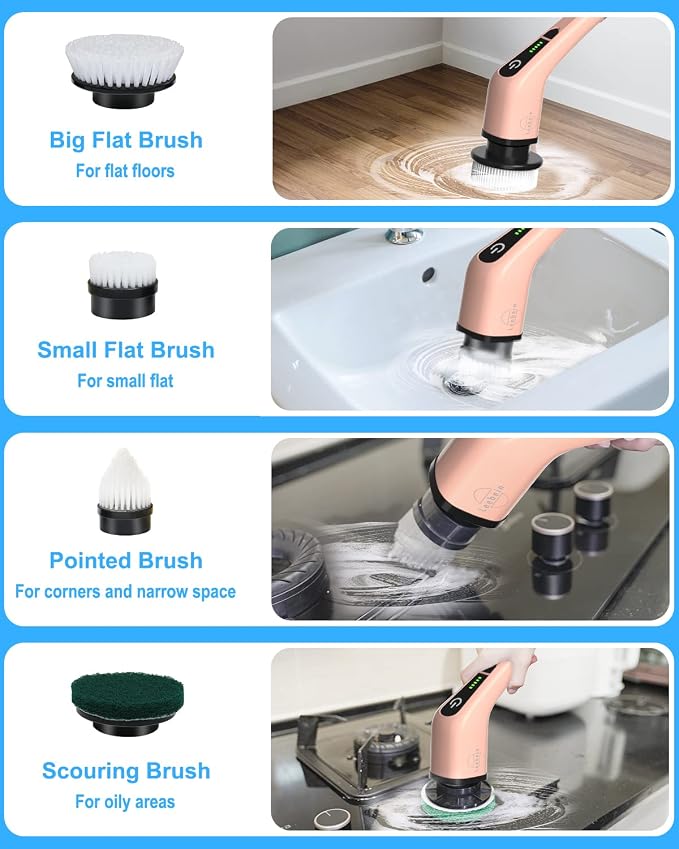 Leebein Electric Spin Scrubber, Cordless Powerful Scrub Brush for Cleaning Bathroom, Kitchen, Shower Tub and Floor Tile with Adjustable Extension Long Handle and 8 Replaceable Brush Heads(Rose)