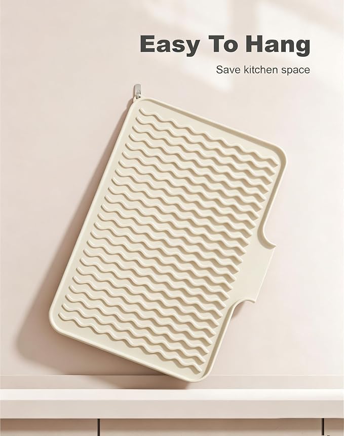 Rnivvi Silicone Dish Drying Mat for Kitchen Counter, 16 x 12" Drainer Pad with Drainage Spout, Non-Slip Countertop Protector Heat Resistant Trivet, Kitchen Decor Mat Sink Drip Pad for Dishes, Beige