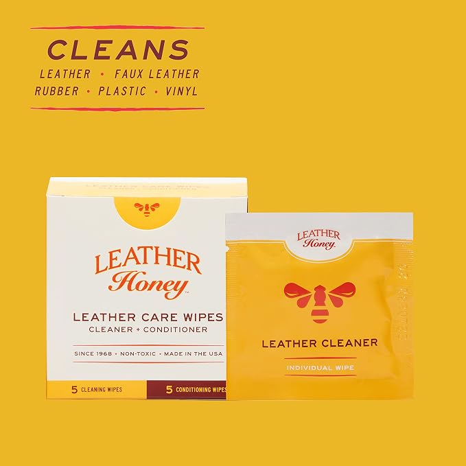 Leather Honey Leather Wipe Kit – Non-Toxic Cleaner & Conditioner | 5 cleaner & 5 conditioner wipes. Same trusted formulas, made in the USA. For any color leather — car seats, shoes & bags.