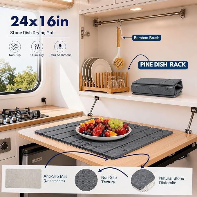 Dish Drying Mat, Large Stone Dish Drying Mat for Kitchen Counter 24" x 16", Foldable Diatomite Drying Stone Counter Mat with Non-Slip Base, Foldable Quick Dry Dish Drying Mats【Gray】