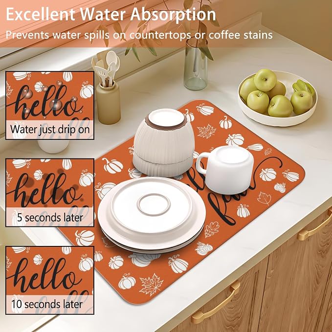 Fall Dish Drying Mat 2-Pack Orange Pumpkin for Kitchen Counter Dishes Mat | Diatom Mud Mats (18x24, 19.5x12"). Non-slip rubber back for kitchen counter, coffee bar & sink scenes