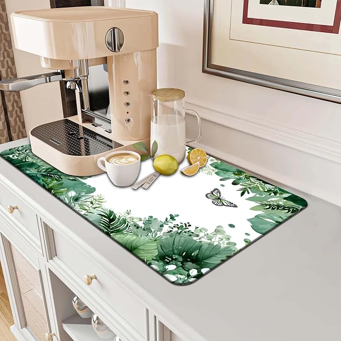 MCALK Green Leaves Dish Drying Mat for Kitchen Counter, Coffee Bar Station Accessories with Anti-Slip Rubber Base, Absorbent Kitchen Sink Mat with Modern Art Decor (1 pc 18" x 16")