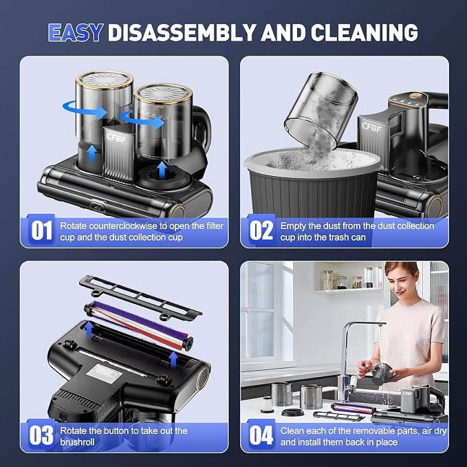 CFBF Mattress Bed Vacuum Cleaner with 16Kpa Suction & 253.7nm UV-C Light | Ultrasonic & High Heating, 500W Powerful Double-Cup Handheld Vacuums for Bed, Sofa, Couch, Crib, 16.4FT Corded