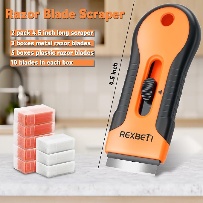 REXBETI Razor Blade Scraper Tool, 2 Pack Razor Scraper Set with Extra 80Pcs Razor Blades -30Pcs Metal and 50Pcs Plastic Blades, Cleaning Scraper Tool, Cooktop, Paint, Glass Scraper