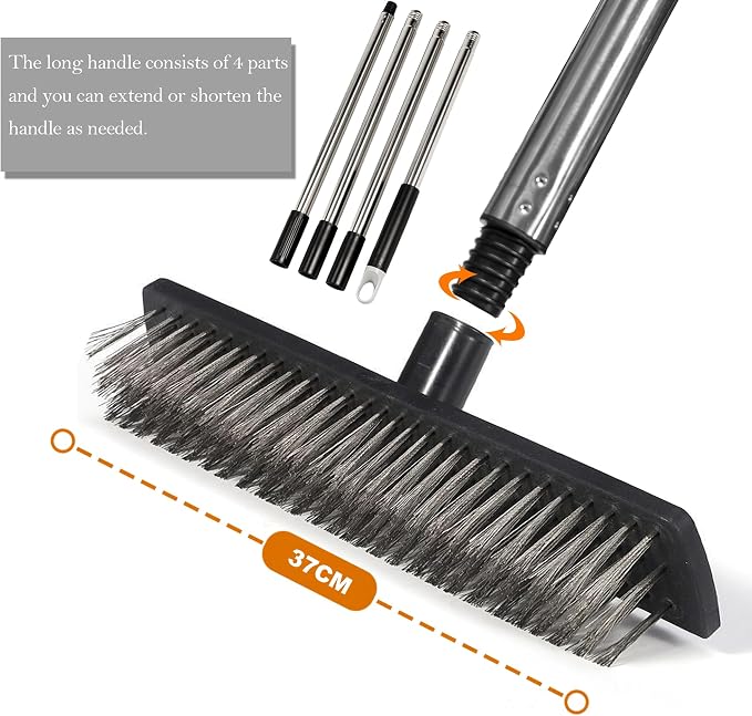Heavy Duty Floor Scrub Brush Stainless Steel Wire Floor Scrubber with Long Handle Stiff Bristles Outdoor Push Broom for Cleaning Deck,Concrete,Patio,Boat,Moss Removal