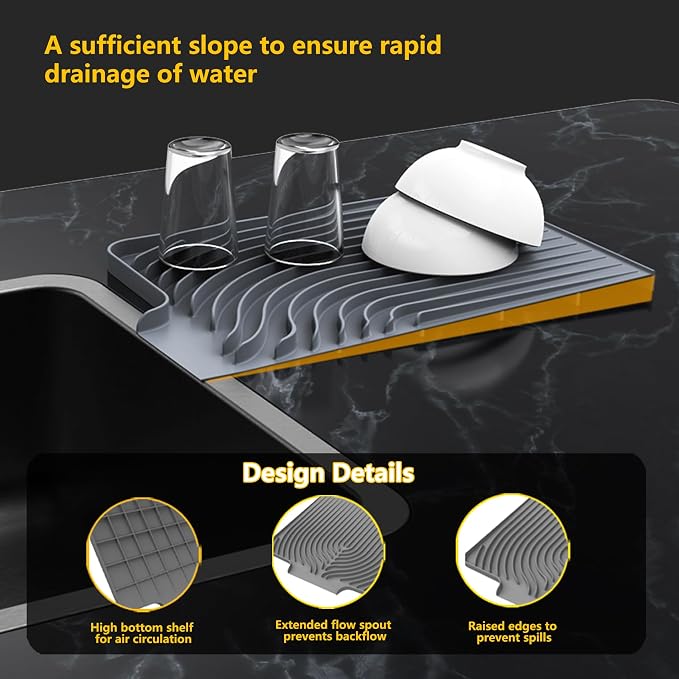 DIsh Drying Mat for Kitchen Counter , 20"×15.7" Dish Drying Rack (gray) | Various Sizes & Colors,Extra Large,Steep-Slope,Built in Drain,High-fin Ventilation,Food-grade Silicone,500F heat resistant
