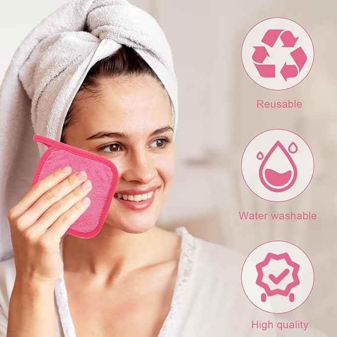 Puomue Makeup Remover Cloth 12 Pack, Ultra Soft and Reusable Microfiber Makeup Remover Towels for All Skin Types, Perfect Face Towels for Women, 6 Inch X 6 Inch, Rose Red