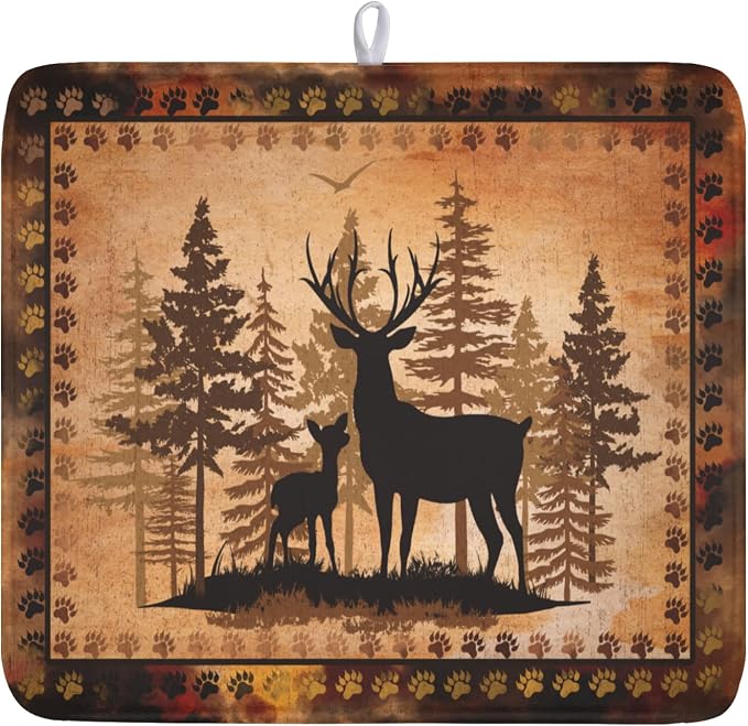 Giwawa Forest Deer Dish Drying Mat Wildlife Animal Dishes Pad 16"x18" Microfiber Absorbent Fast Dry Drainer Rack Mats for Kitchen Countertop Decor