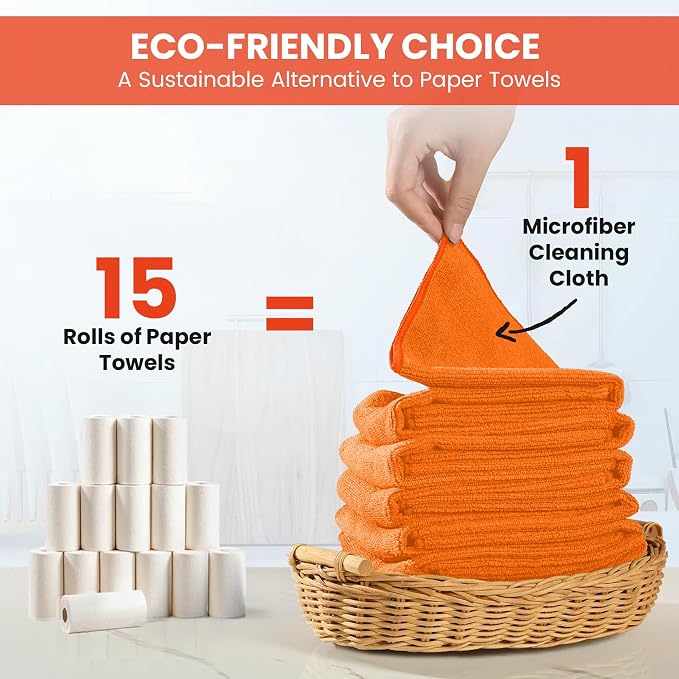 SIFANGKE Microfiber Cleaning Cloth, 12 Pack Orange Cleaning Rags for Housekeeping, Reusable Microfiber Towels for Car, Kitchen, Bathroom and Household Cleaning Supplies, 11.8"X11.8"