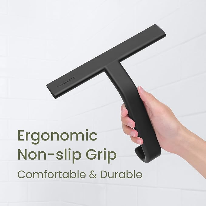 dancemoon JustHang Shower Squeegee with Built-in Hook, 10-Inch Black | Award-Winning Design, All-One-Piece Soft-Touch Silicone, for Glass Door, Bathroom, Window, Mirror, Tile Wall, Car