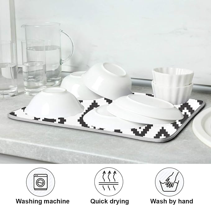 Super Absorbent Dish Drying Mat, Microfiber Fast-Drying Dish Mat, 24" x 18, Kitchen Dish Drying Pad, Grey Moroccan Rhombus Plaid