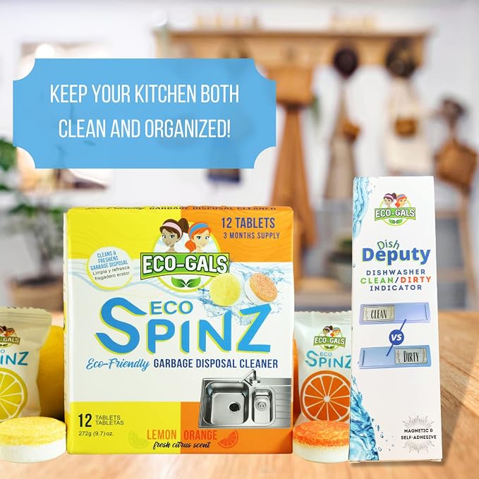 Bundle of Eco-Gals Eco Spinz Disposal Cleaner for Fresher Kitchen and Disposal Plus Eco-Gals' Dish Deputy Dishwasher Magnet to Help With Kitchen Organization