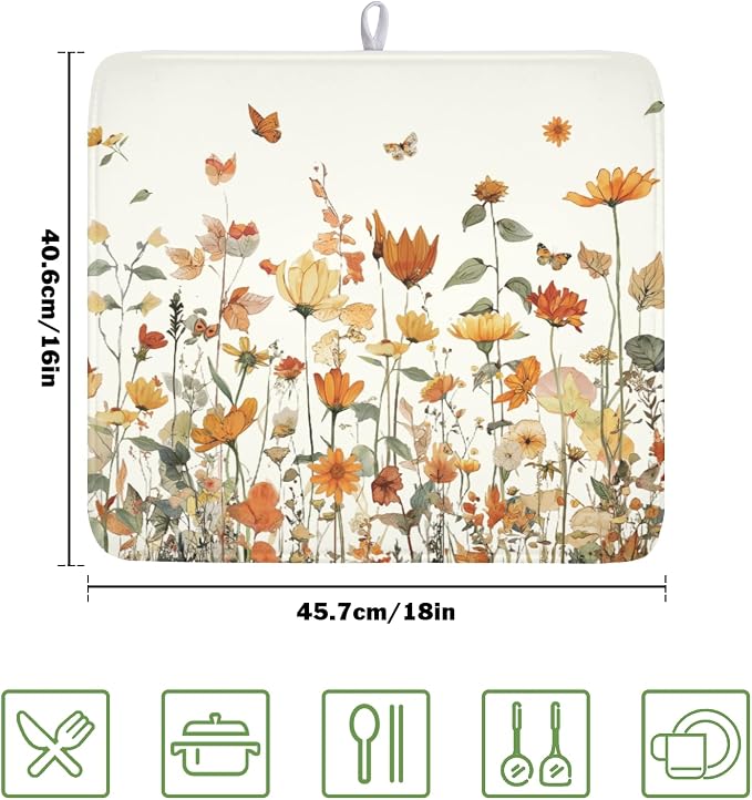 Fall Floral Dish Drying Mat for Kitchen Counter Orange Rustic Vintage Wildflower Pattern Microfiber Dish Drainer Mat Autumn Absorbent Washable Drying Pad Extra Large 16"x18"
