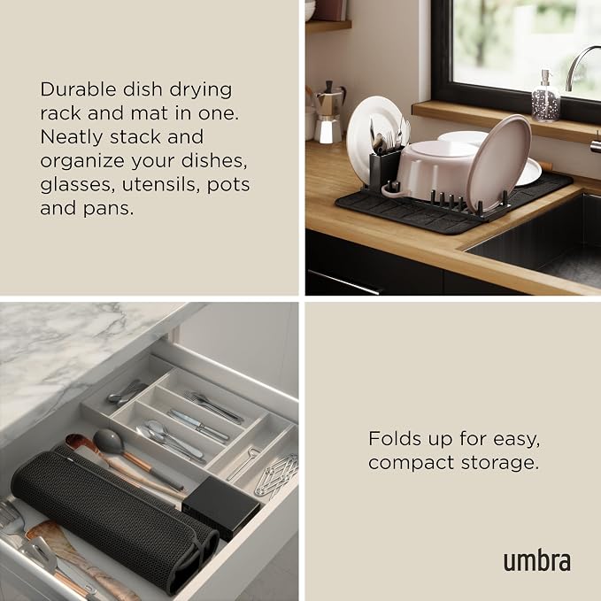 Umbra UDry Dish Drying Rack with Mat – Kitchen Countertop Dish Drainer & Absorbent Microfiber Drying Mat, Foldable Dish Rack Organizer for Plates, Cups & Utensils, Black