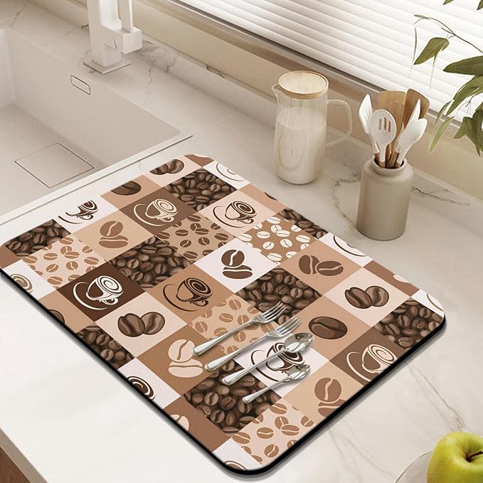 Coffee Bar Mat Accessories for Countertop Super Absorbent Anti-Slip Silicone Dish Drying Mats Kitchen Counter Draining Pad Decor Gift Fit Maker Pot Espresso Machine 24inx18in, (DS)