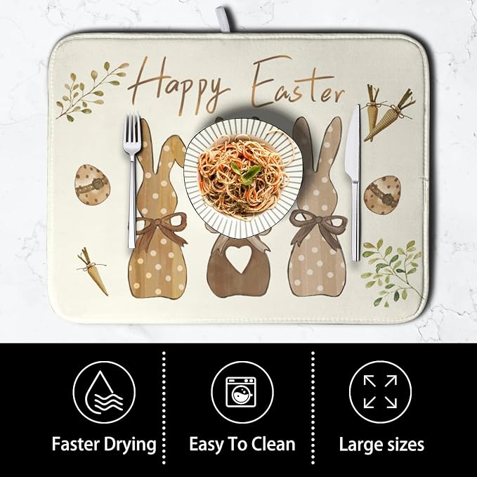 Happy Easter Bunny Dish Drying Mat Rabbits Egg Carrot Dish Pad for Kitchen Counter 16x18 Inch Microfiber Absorbent Spring Bufflao Plaid Dish Draining Mat Reusable Washable Dish Drainer Rack Mat