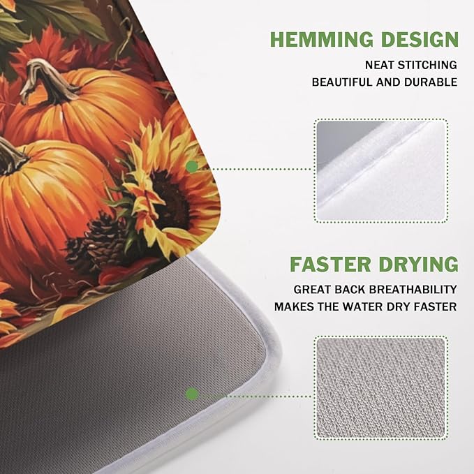 Fall Pumpkin Dish Drying Mat for Kitchen Counter Thanksgiving Autumn Harvest Pumpkin Microfiber Dish Drainer Mat Rustic Farmhouse Absorbent Washable Drying Pad 16"x18"