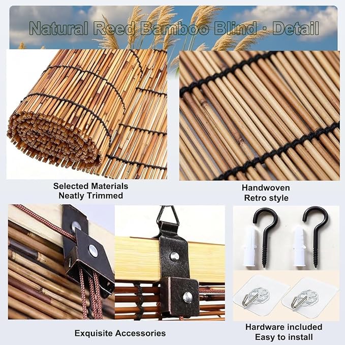Retro Bamboo Blinds for Patio, Privacy Bamboo Roll Up Shades for Windows, 16"-80" W Reed & Bamboo Blackout Roller Shades, Cordless Outdoor Blinds for Porch, Sun Blocking(56" W x 64" H)