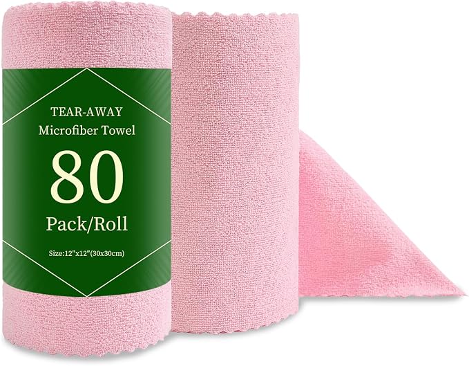 Jessy Home 80 Pack Reusable Paper Towels Pink Microfiber Cleaning Cloth Roll 12"x12" Microfiber Towels, Tear Away Cloth for Cars,Wash Cloths,Lint Free Rags for House,Kitchen,Window,Cleaning Supplies