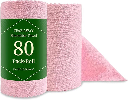 Jessy Home 80 Pack Reusable Paper Towels Pink Microfiber Cleaning Cloth Roll 12"x12" Microfiber Towels, Tear Away Cloth for Cars,Wash Cloths,Lint Free Rags for House,Kitchen,Window,Cleaning Supplies