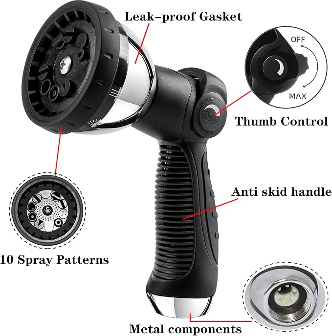 Garden Hose Nozzle Spray Nozzle,10 Hose Metal Duty Watering Patterns Thumb Control On Off Valve, High Pressure Nozzle Sprayer for Watering Plants, Car Wash,Cleaning,Showering Pets