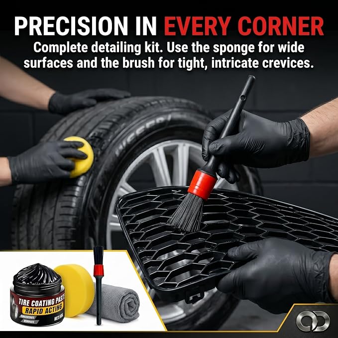 Premium Tire Coating Paste & Black Trim Restorer, Drip-Free Ceramic Rubber Polishing Wax Revives Deep Shine, UV Protection for Auto Interior Exterior, Includes Brush Towel & Sponge (5Pcs)