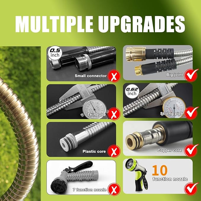 100FT Metal Garden Hose - Stainless Steel, Heavy Duty, Flexible & Lightweight, Never Kink and Tangle, with 10-Function Nozzle, Pressure Resistant for Outdoor Use (Yellow)