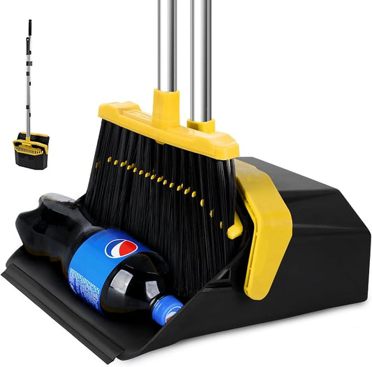 Broom and Dustpan Set for Home, 51" Long Handle Standing Pan Black Yellow | Self-Cleaning Dust Pan and Brooms, ZeroGap Lip, Upright Storage Broom Combo for Kitchen Lobby Office Restaurant Indoor