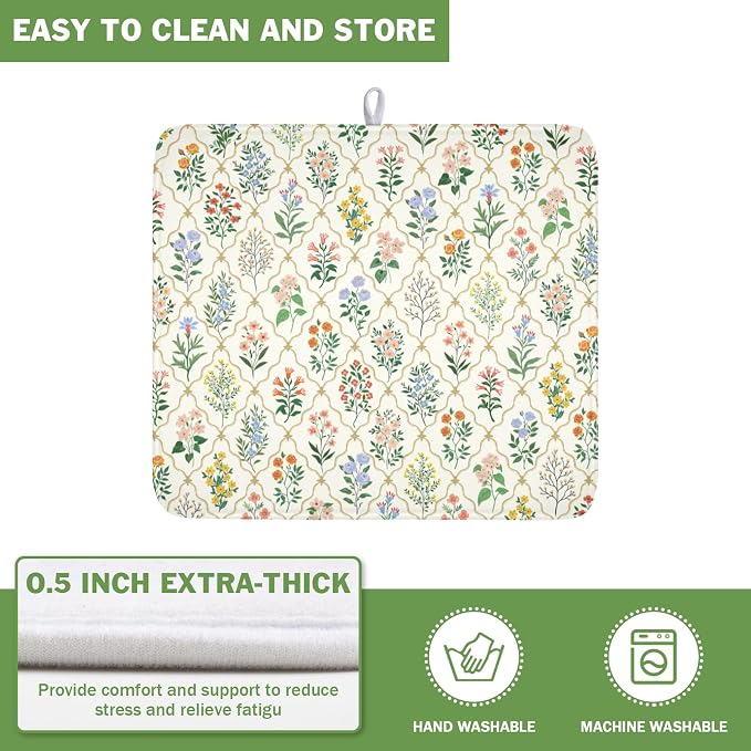 Floral Dish Drying Mat for Kitchen Counter Spring Summer Wild Flowers Diamond Pattern Microfiber Dish Drainer Mat Rustic Absorbent Washable Drying Pad 16"x18"
