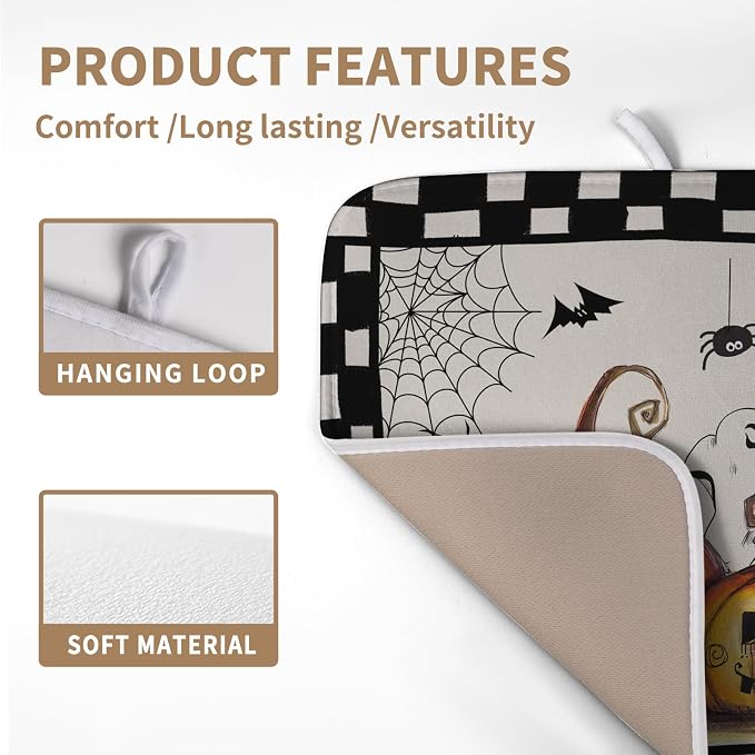 Halloween Kitchen Drying Mats for Dishes 16x18 In Orange Pumpkin Ghost Dish Drying Mat Black Bat Spiders Web Buffalo Plaid Dish Rack Mat Absorbent Microfiber Drying Pad for Kitchen Counter