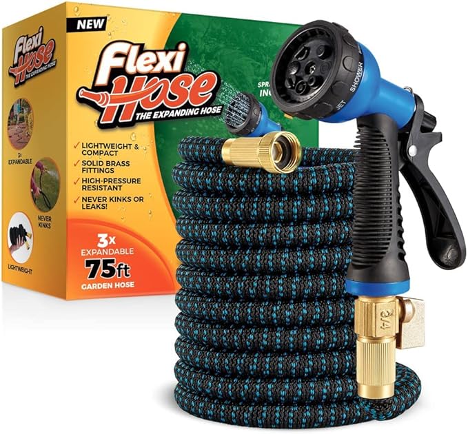 Flexi Hose Expandable Garden Hose with 8 Function Nozzle, 75FT - Lightweight Retractable Garden Hose, Water Hose - No-Kink Flexibility, 3/4 Inch Solid Brass Fittings and Double Latex Core