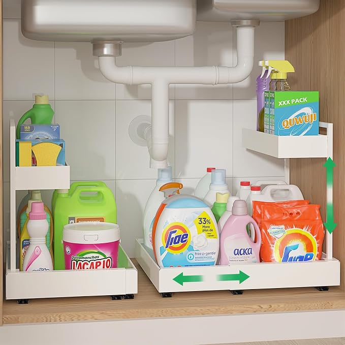 REALINN Expandable Under Sink Organizer with 6-Level Height Adjustment & Expandable Width, Pull-Out Cabinet Storage Rack with Quiet Sliding Rails for Kitchen, Bathroom, Laundry Room Cabinets, White