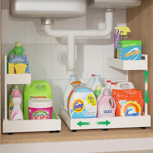 REALINN Expandable Under Sink Organizer with 6-Level Height Adjustment & Expandable Width, Pull-Out Cabinet Storage Rack with Quiet Sliding Rails for Kitchen, Bathroom, Laundry Room Cabinets, White