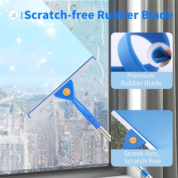 10Ft Window Squeegee with Long Handle, Window Washer for High Windows Glass | 14" Squeegee for Window Cleaning, 15" Microfiber Scrubber, 120" Window Cleaning Kit, Window Washing kit for Home, Outdoor