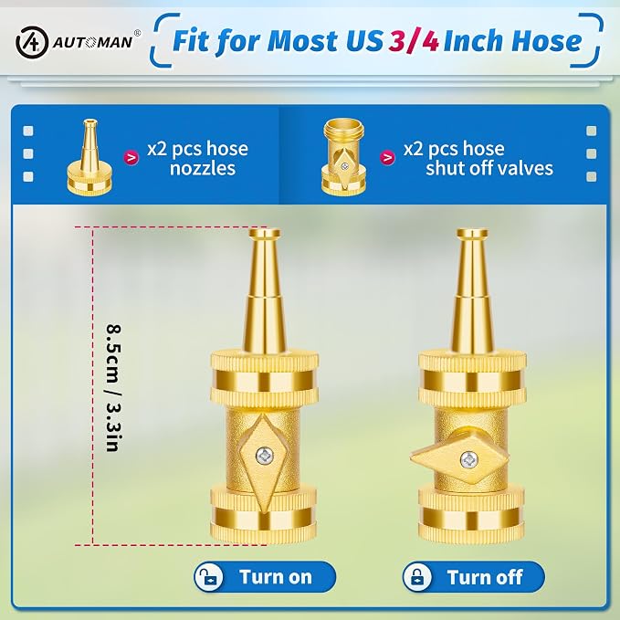 AUTOMAN Brass Hose Nozzle - High Pressure Jet Nozzle 4 Count (2 Set), Heavy Duty Water Hose Sprayer Sweeper with Hose Shutoff Valve, 3/4” GHT Nozzles for Garden Hose, Car Wash, Extra 10 Rubber Washers