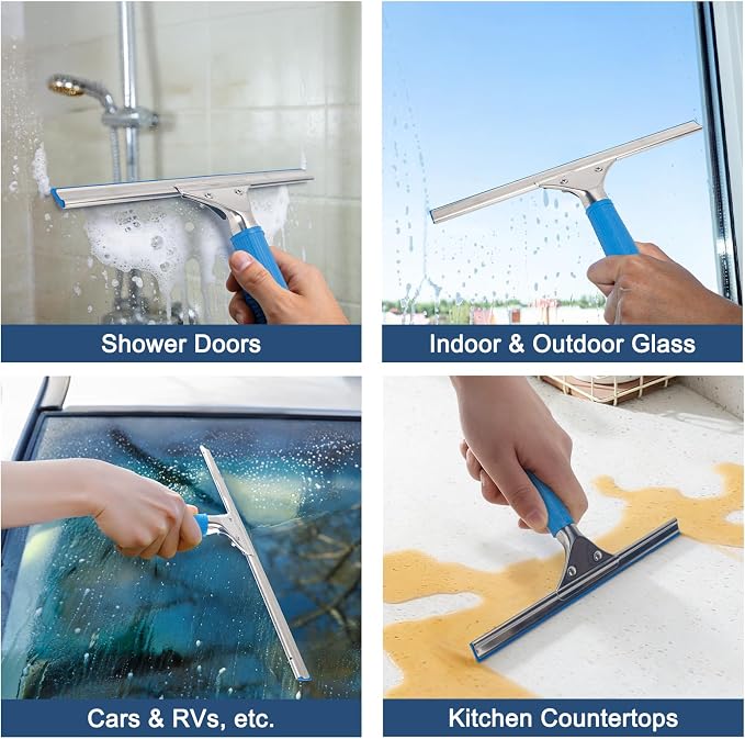 18” Professional Squeegee for Window Cleaning with 12” Replacement Blades | Window Squeegee for Shower Glass Door, Stainless Steel Rubber Squeegee