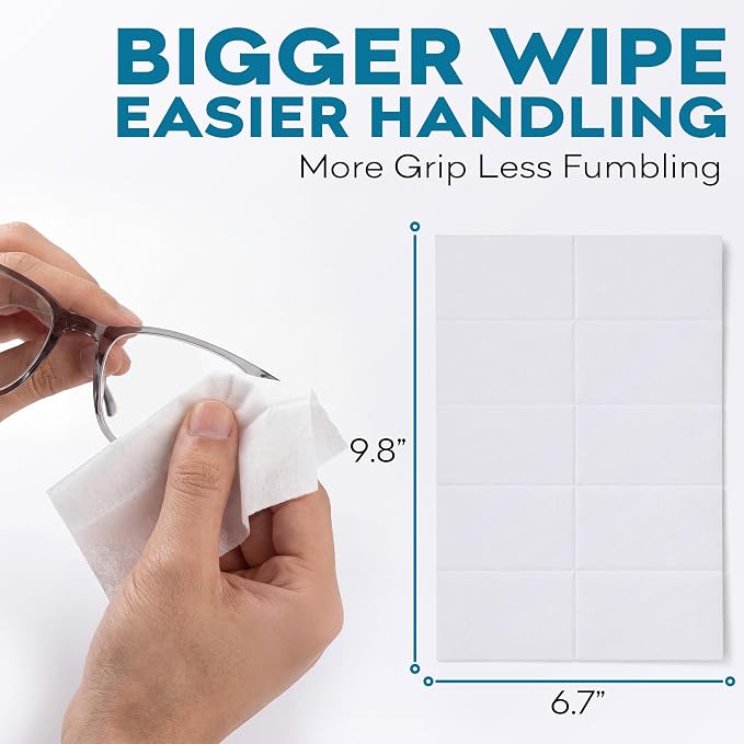 XXL Lens Wipes, 50 Count - 9.8"x6.7" Eye Glasses Cleaner Wipes for Lenses, Watches, Display Screens, and More - Cleans and Shines - Quick Drying, No Smear with Isopropyl Alcohol