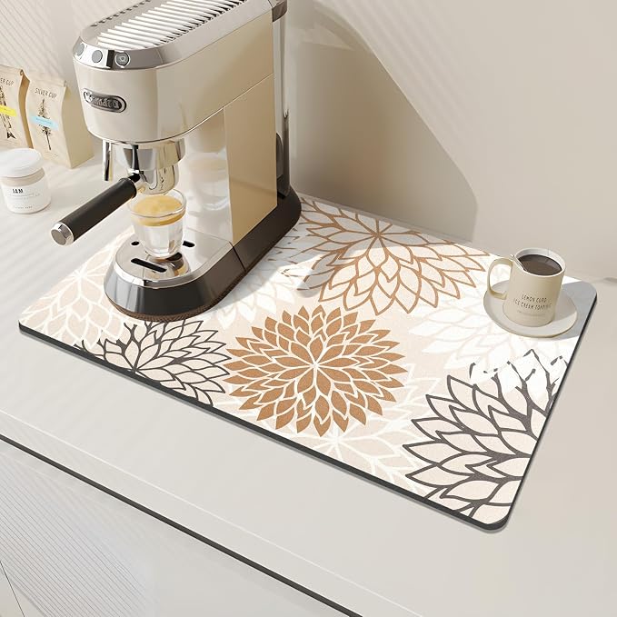 Findosom 2PCS 12" x 20" Dish Drying Mat & 24" x 5.5" Sink Splash Guard, Super Absorbent & Cuttable Dish Mat Drying Kitchen Mat with Brown Floral, Hide Stain Drying Mat for Kitchen Counter
