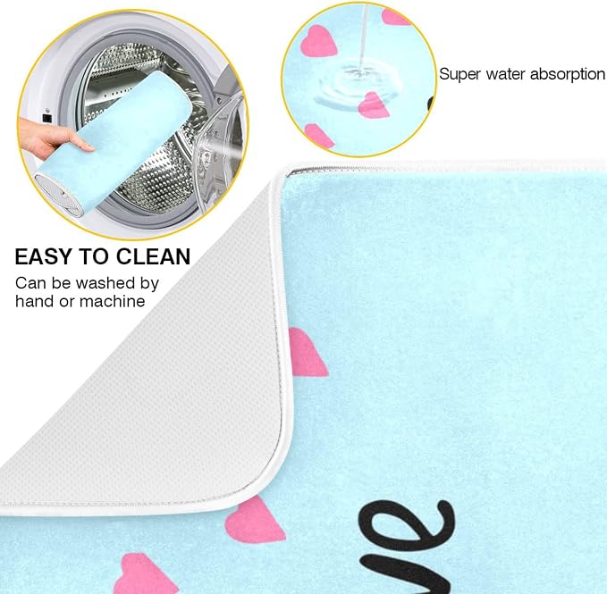 Absorbent Dish Drying Mat for Kitchen Counter - Blue Love Cat Microfiber Drying Pad, Reversible Drainer Mats for Countertop, Lager 18 x 24 inch