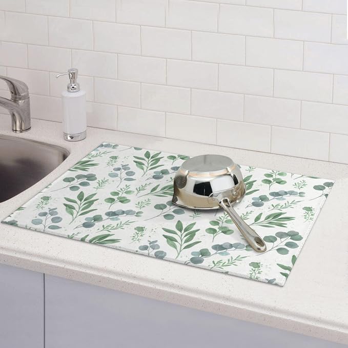 Sage Green Dish Drying Mat for Kitchen Counter Microfiber Absorbent, Spring Dish Draining Mat Aesthetics Kitchen Decor Extra Large 18"x24" (Green, 18x24in)